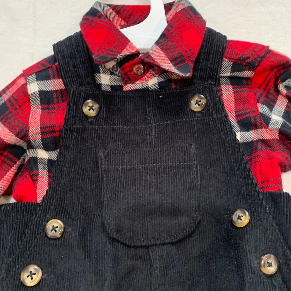 Carters plaid shirt and‎ black corduroy overalls 6 months new with tags